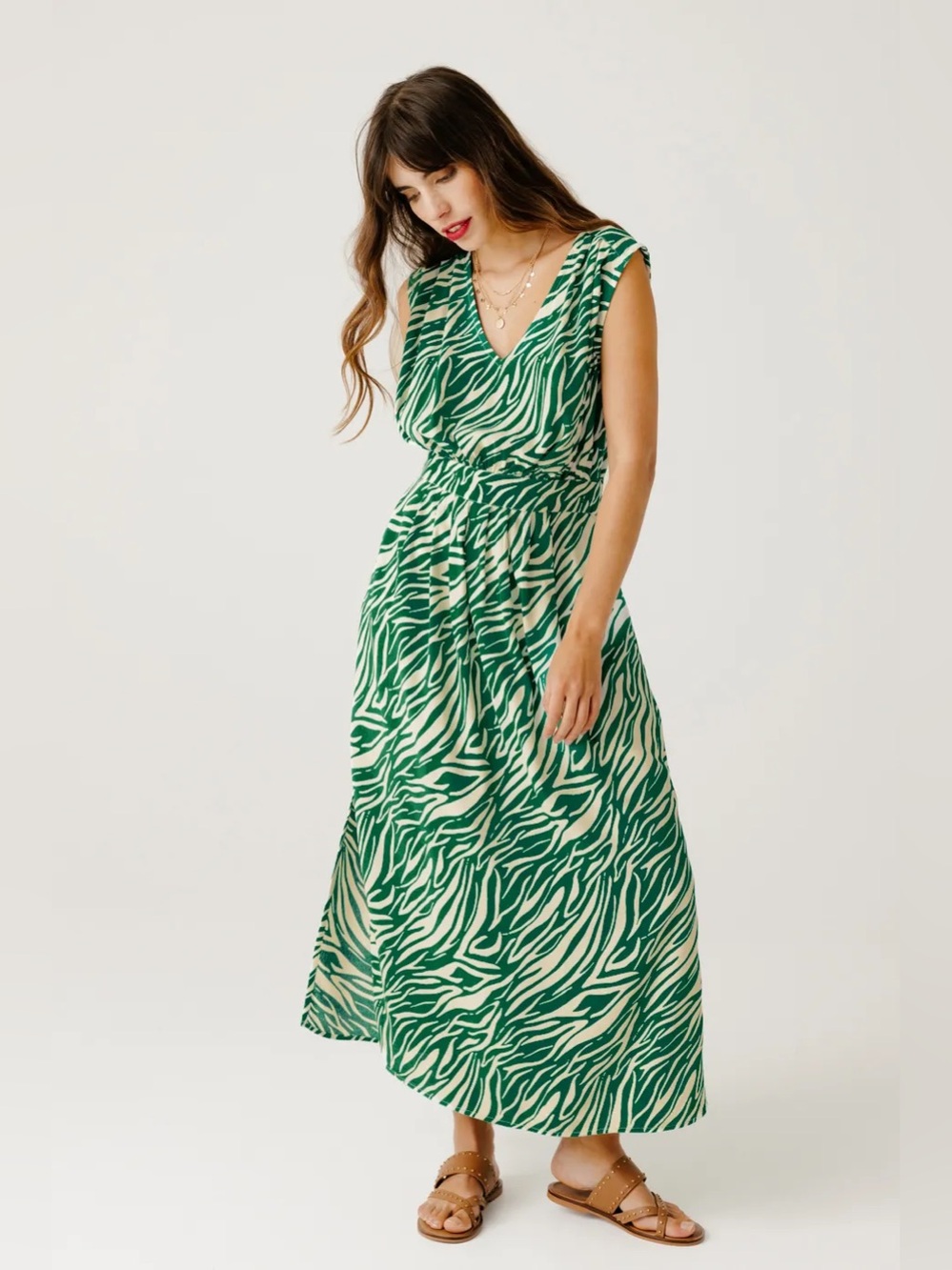 Green Zebra-Print V-Neck Maxi Dress